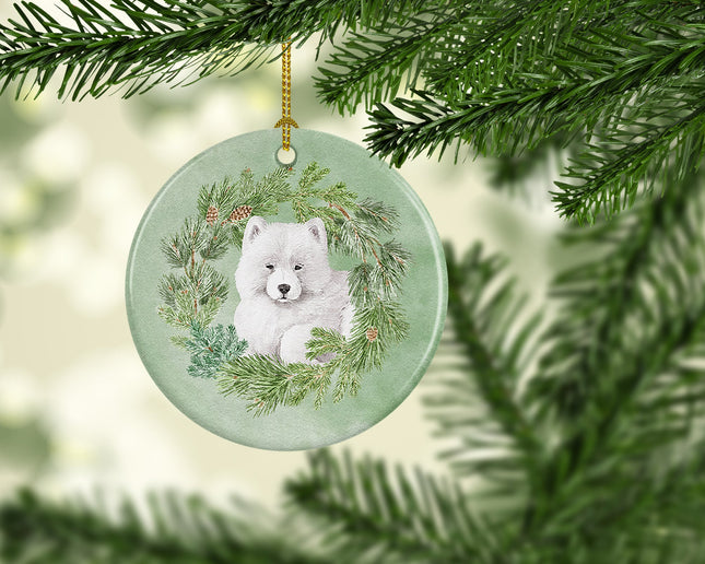Samoyed Puppy Christmas Wreath Ceramic Ornament-1