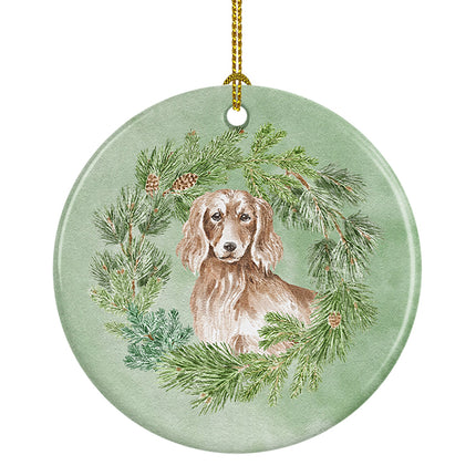 Dachshund Red Longhaired Christmas Wreath Ceramic Ornament-0