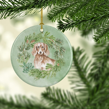 Dachshund Red Longhaired Christmas Wreath Ceramic Ornament-1