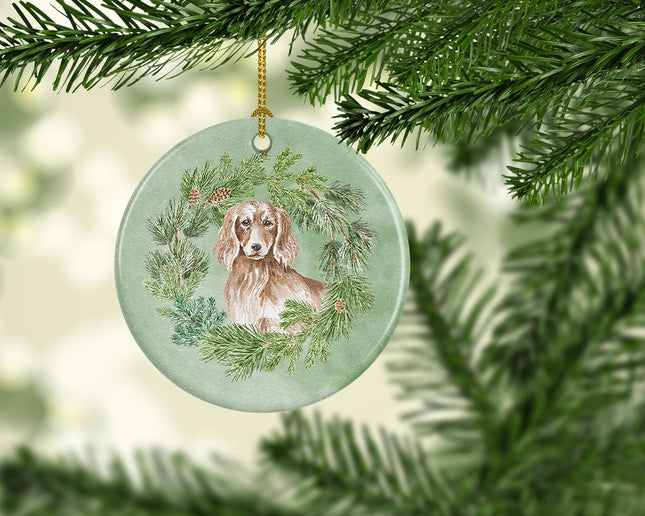 Dachshund Red Longhaired Christmas Wreath Ceramic Ornament-1