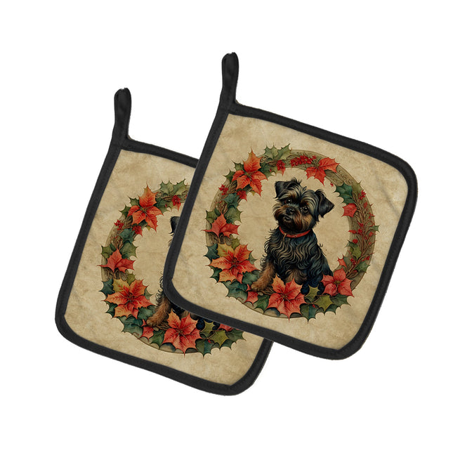 Affenpinscher Christmas Flowers Pair of Pot Holders-0
