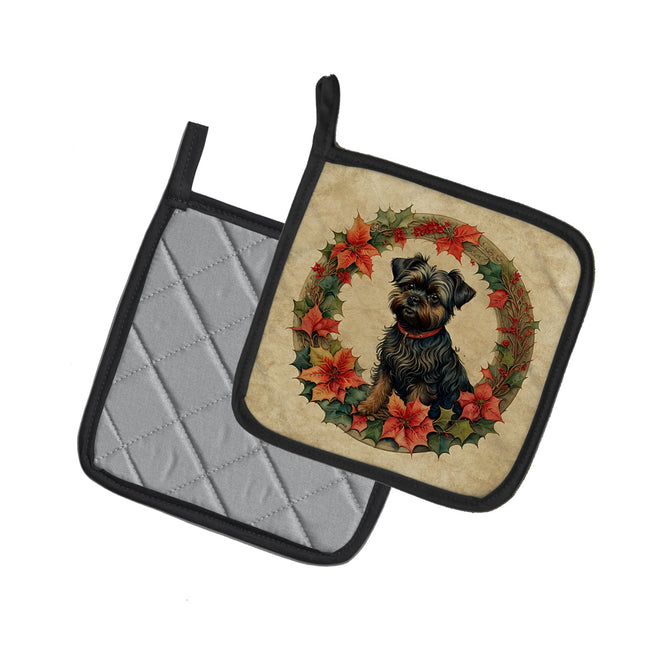 Affenpinscher Christmas Flowers Pair of Pot Holders-1