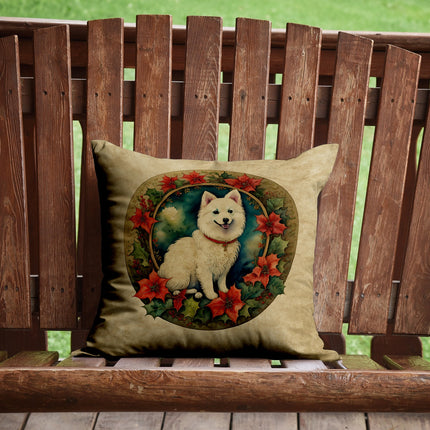 Japanese Spitz Christmas Flowers Throw Pillow-1