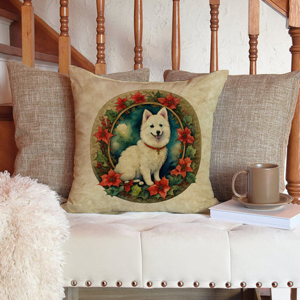Japanese Spitz Christmas Flowers Throw Pillow-2