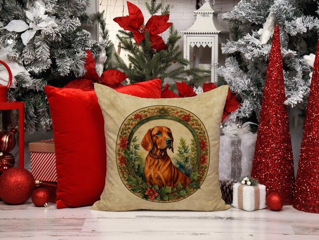 Red Redbone Coonhound Christmas Flowers Throw Pillow-1