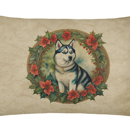 Siberian Husky Christmas Flowers Throw Pillow-0