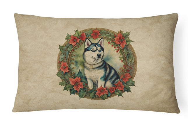 Siberian Husky Christmas Flowers Throw Pillow-0