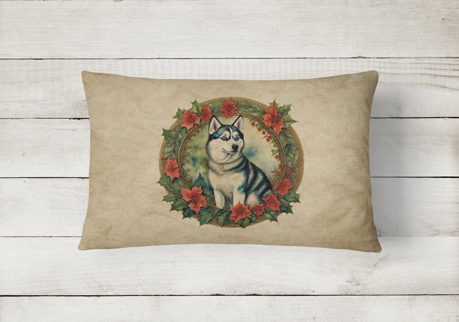 Siberian Husky Christmas Flowers Throw Pillow-1