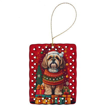 Lhasa Apso Holiday Christmas Porcelain Ornament-0