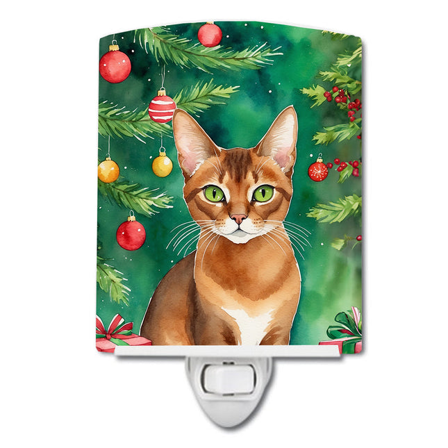 Abyssinian Cat By the Christmas Tree Ceramic Night Light-0