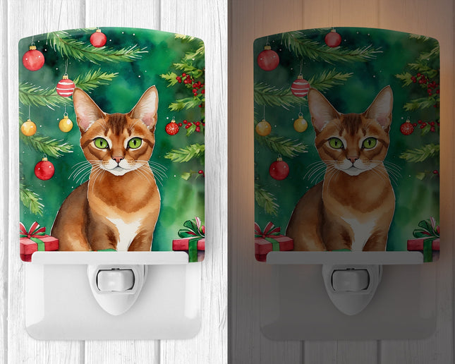 Abyssinian Cat By the Christmas Tree Ceramic Night Light-1