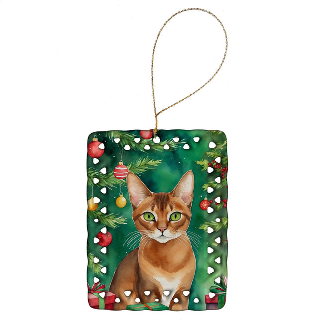 Abyssinian Cat By the Christmas Tree Porcelain Ornament-0