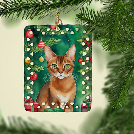 Abyssinian Cat By the Christmas Tree Porcelain Ornament-1