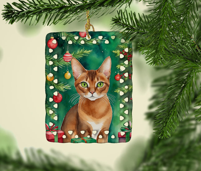 Abyssinian Cat By the Christmas Tree Porcelain Ornament-1