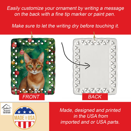 Abyssinian Cat By the Christmas Tree Porcelain Ornament-2