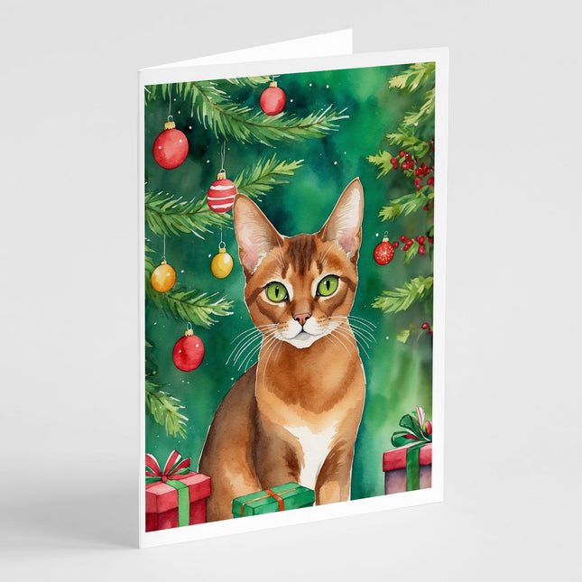 Abyssinian Cat By the Christmas Tree Greeting Cards Pack of 8-0