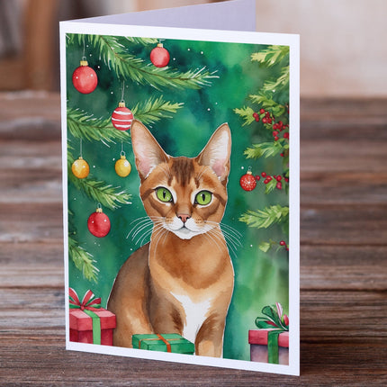 Abyssinian Cat By the Christmas Tree Greeting Cards Pack of 8-1