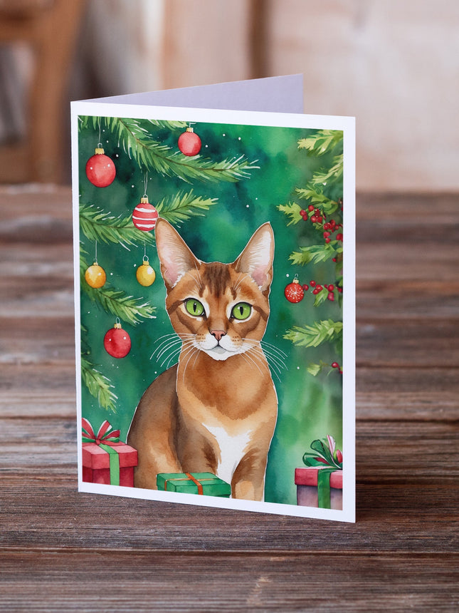 Abyssinian Cat By the Christmas Tree Greeting Cards Pack of 8-1
