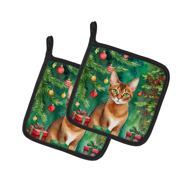 Abyssinian Cat By the Christmas Tree Pair of Pot Holders-0