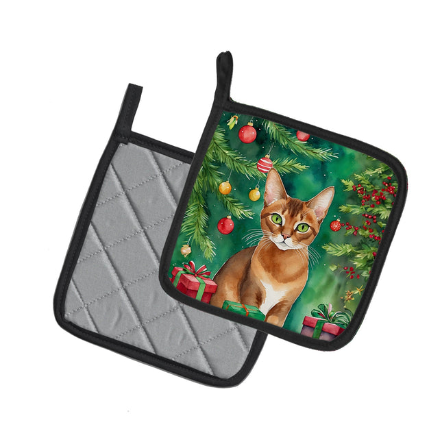 Abyssinian Cat By the Christmas Tree Pair of Pot Holders-1