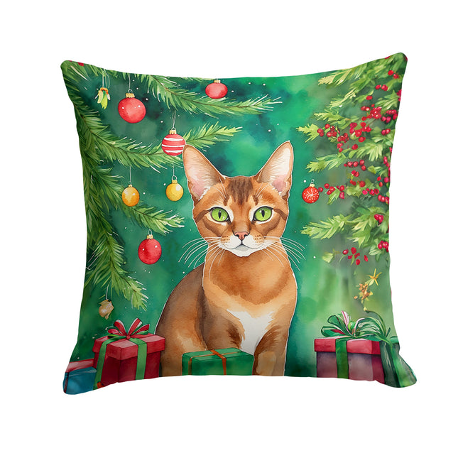 Abyssinian Cat By the Christmas Tree Throw Pillow-0