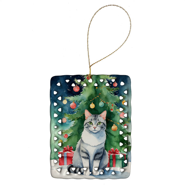 Aegean Cat By the Christmas Tree Porcelain Ornament-0