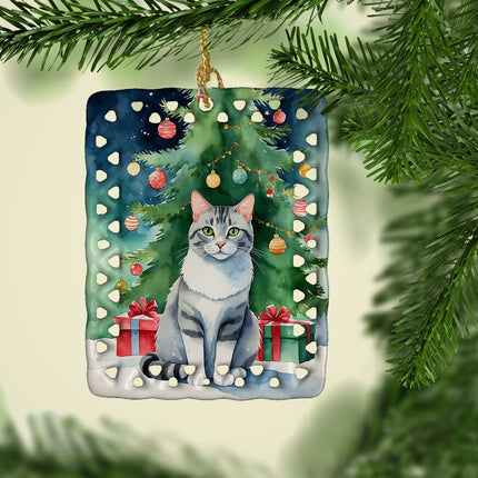Aegean Cat By the Christmas Tree Porcelain Ornament-1
