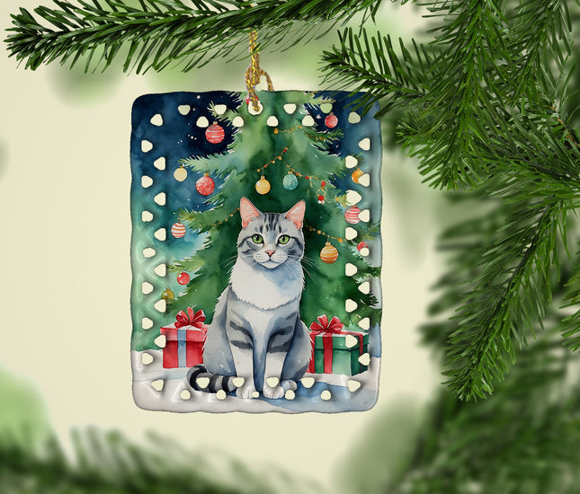 Aegean Cat By the Christmas Tree Porcelain Ornament-1