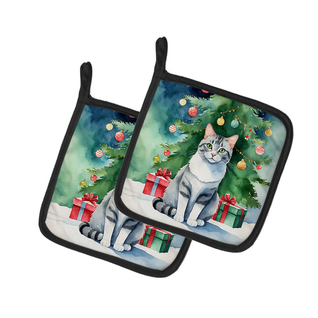Aegean Cat By the Christmas Tree Pair of Pot Holders-0