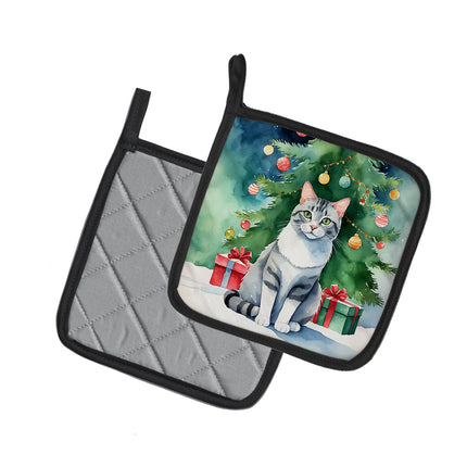 Aegean Cat By the Christmas Tree Pair of Pot Holders-1