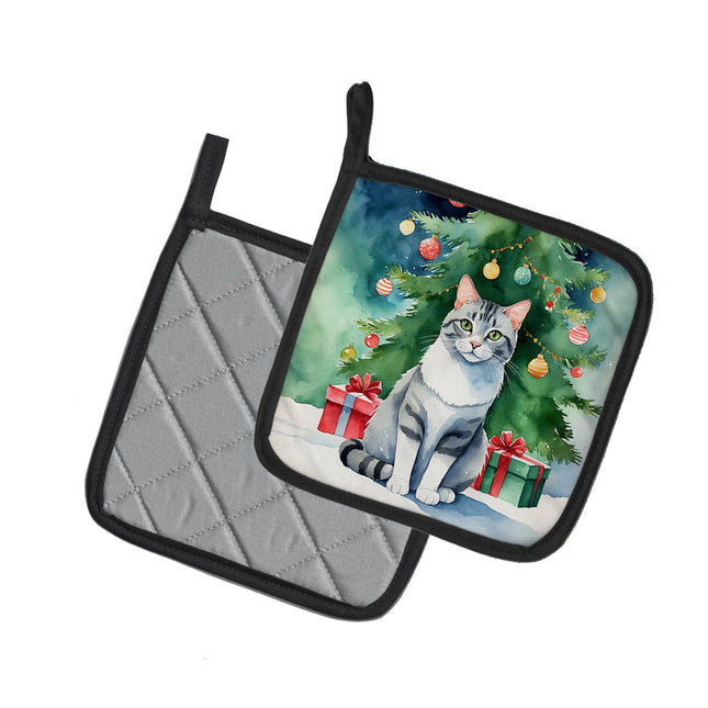 Aegean Cat By the Christmas Tree Pair of Pot Holders-1