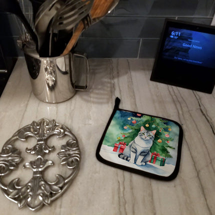 Aegean Cat By the Christmas Tree Pair of Pot Holders-2