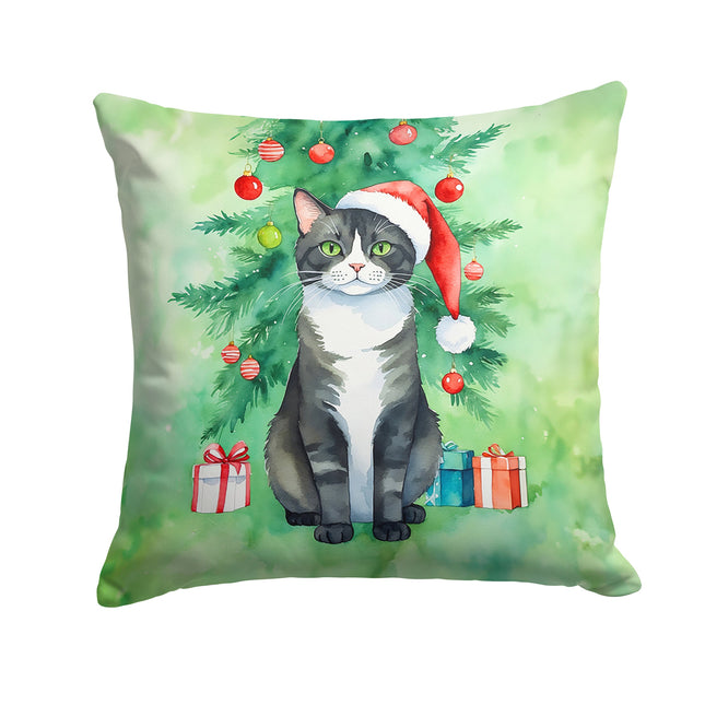 American Polydactyl Cat By the Christmas Tree Throw Pillow-0