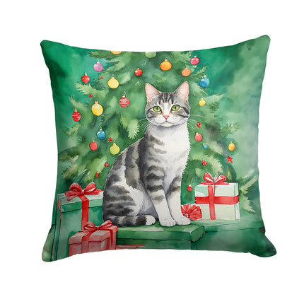 American Wirehair Cat By the Christmas Tree Throw Pillow-0