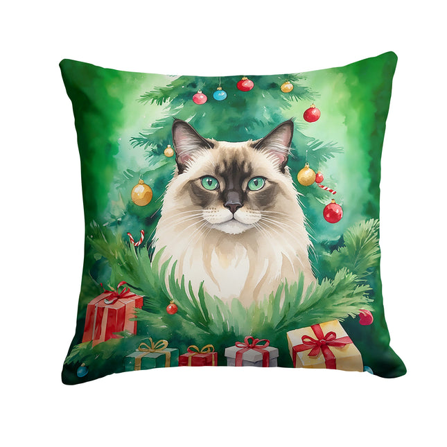 Balinese Cat By the Christmas Tree Throw Pillow-0