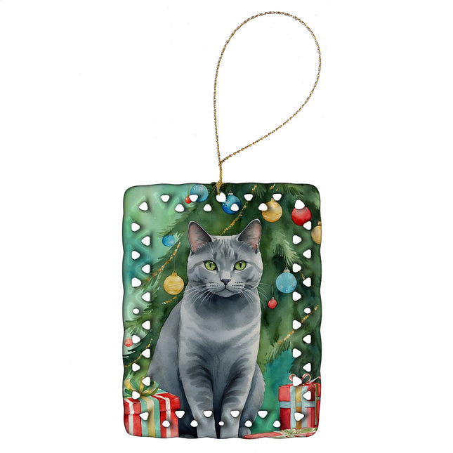Chartreux Cat By the Christmas Tree Porcelain Ornament-0