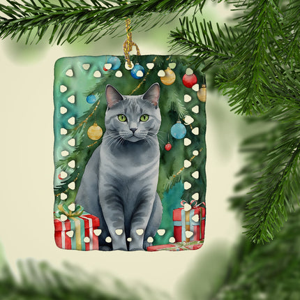 Chartreux Cat By the Christmas Tree Porcelain Ornament-1