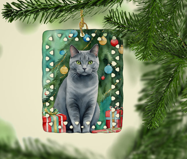 Chartreux Cat By the Christmas Tree Porcelain Ornament-1