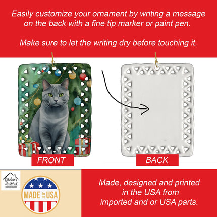 Chartreux Cat By the Christmas Tree Porcelain Ornament-2