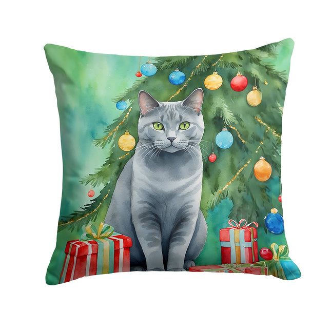 Chartreux Cat By the Christmas Tree Throw Pillow-0