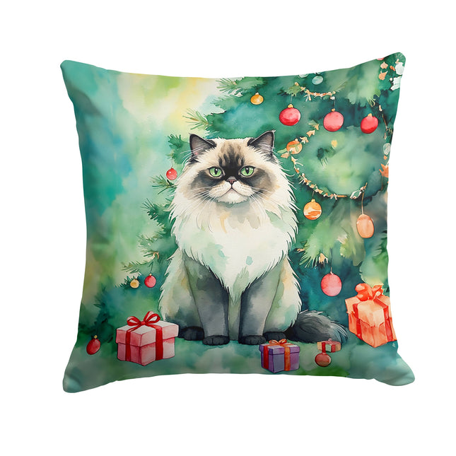 Himalayan Cat By the Christmas Tree Throw Pillow-0