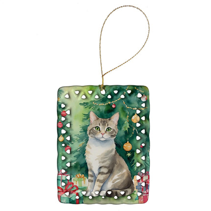Pudelkatze Cat By the Christmas Tree Porcelain Ornament-0