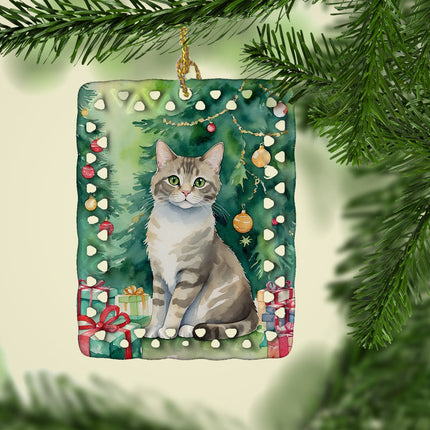 Pudelkatze Cat By the Christmas Tree Porcelain Ornament-1