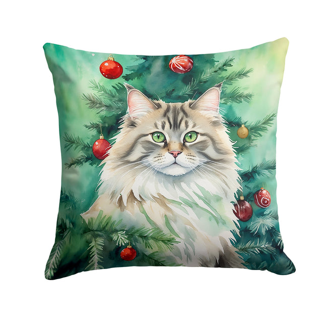 Siberian Cat By the Christmas Tree Throw Pillow-0