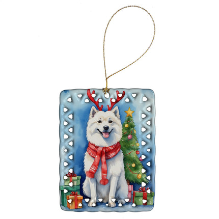 American Eskimo Christmas Reindeer Porcelain Ornament-0