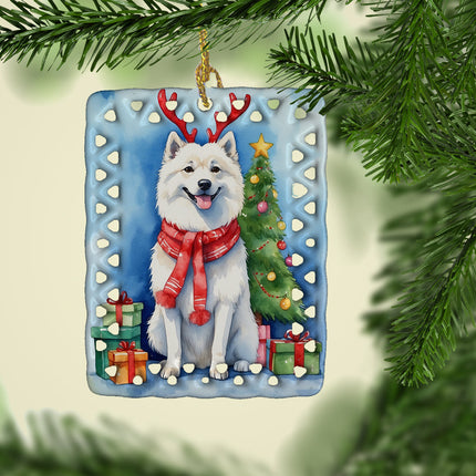American Eskimo Christmas Reindeer Porcelain Ornament-1