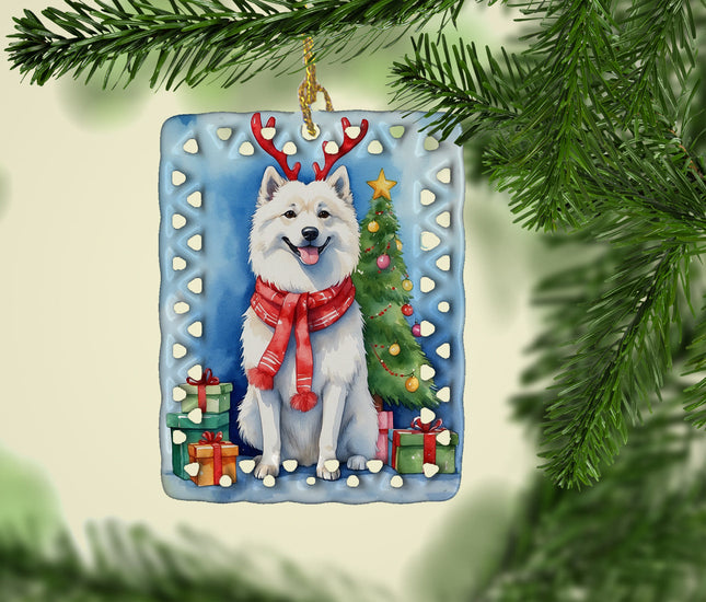 American Eskimo Christmas Reindeer Porcelain Ornament-1