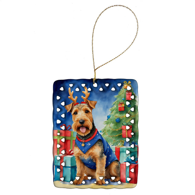 Welsh Terrier Christmas Reindeer Porcelain Ornament-0