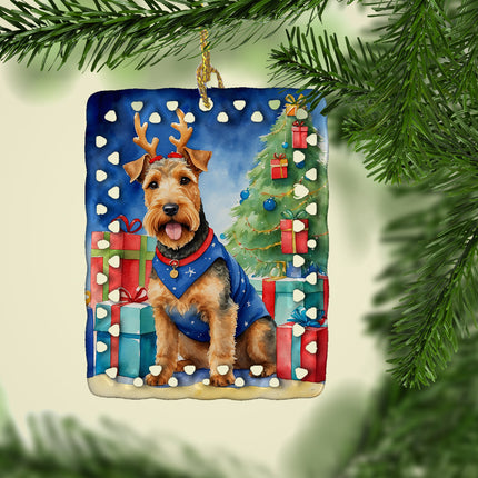 Welsh Terrier Christmas Reindeer Porcelain Ornament-1