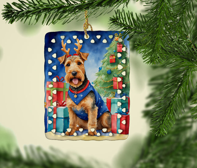 Welsh Terrier Christmas Reindeer Porcelain Ornament-1